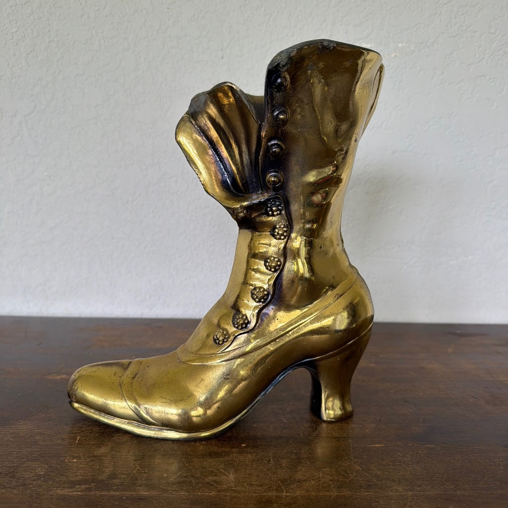 Vintage Brass Victorian Lady's Boot Shoe Vase Planter Door Stop Heavy Gold Tone - Picture 2 of 5